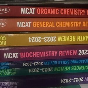 Kaplan MCAT Review Books - Red, Orange, Yellow, Purple, Green
